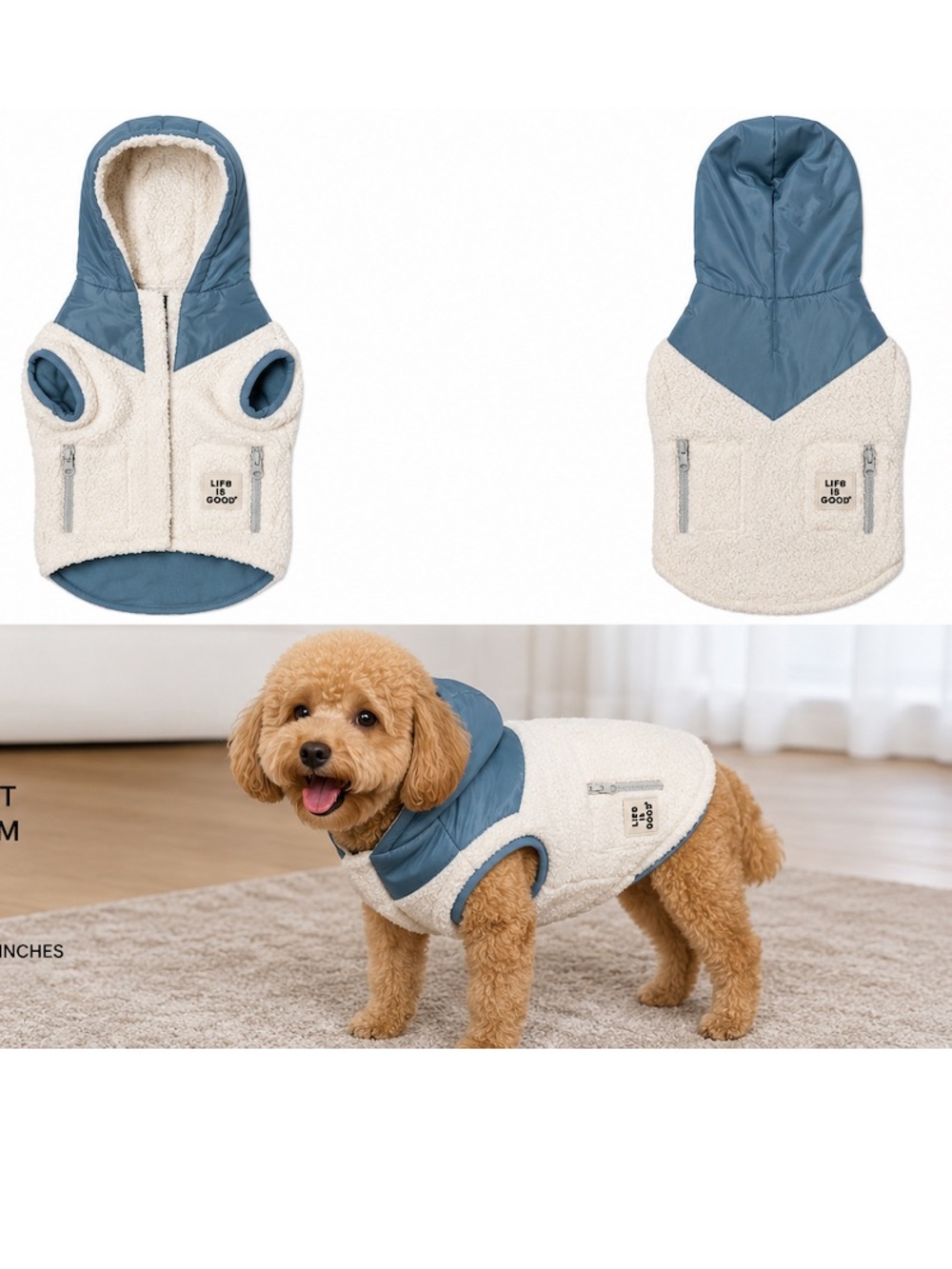 NEW - Life Is Good Cream & Dusty Blue Sherpa Dog Jacket with Hood